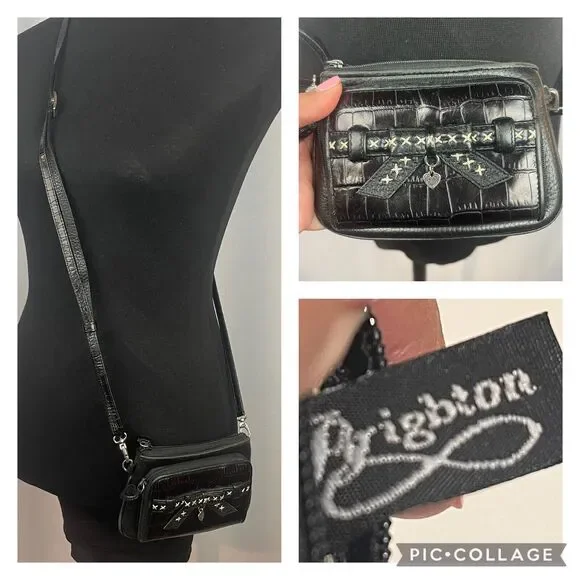 Brighton Black Leather Crossbody Bag Tri Fold Wallet on a String Removable Strap - Picture 1 of 14